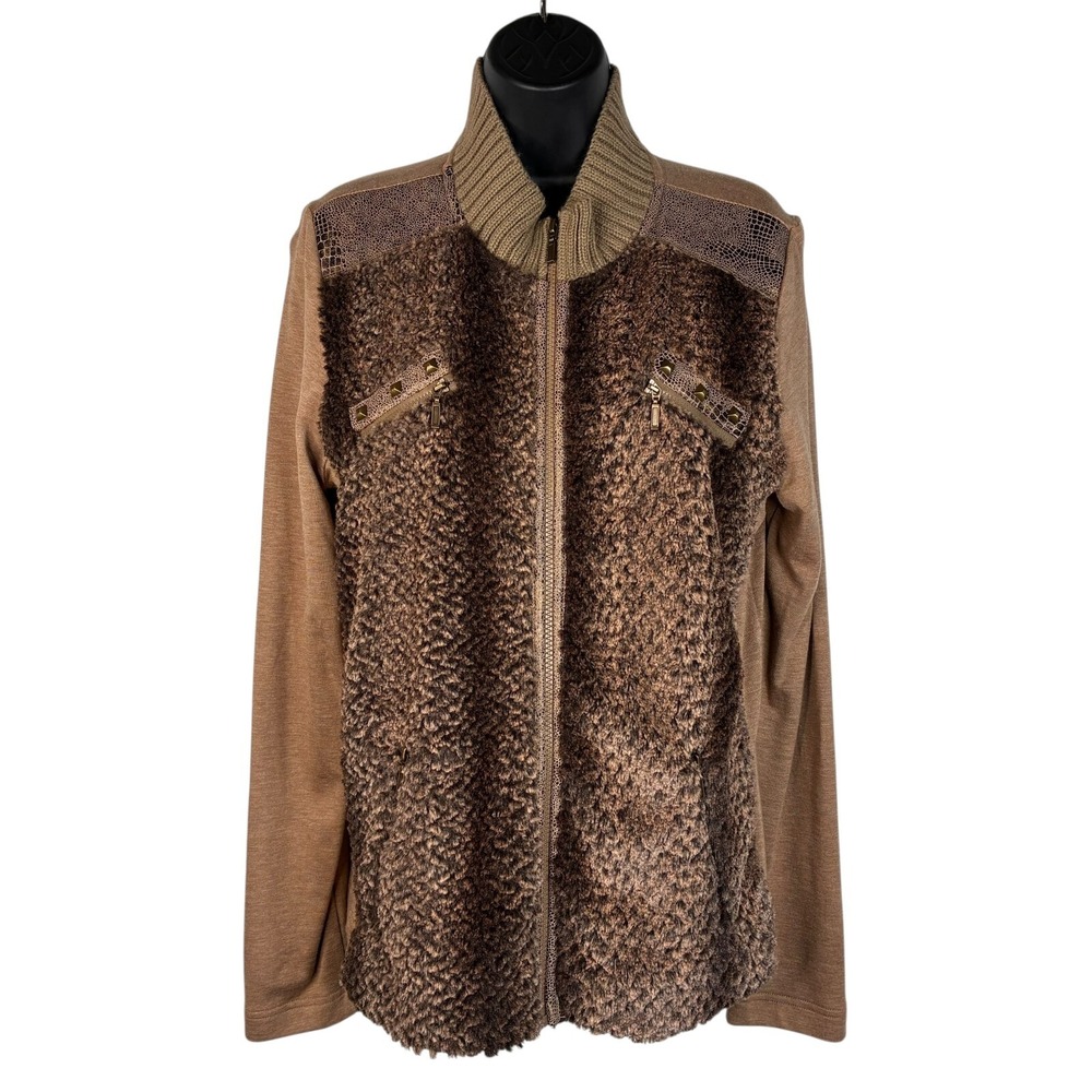 Tribal Women's Jacket‎ Brown Faux Fur Front Sz 12 Full Zip Mock Neck Long Sleeve
